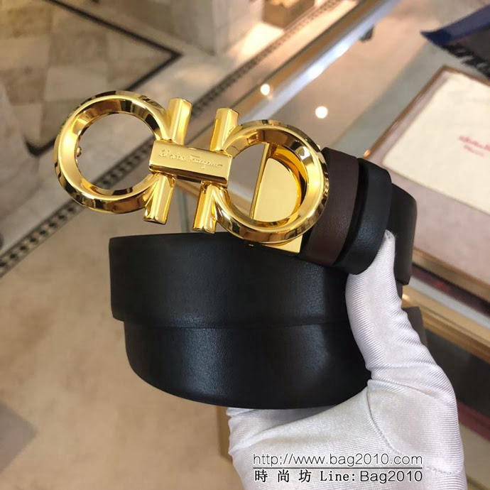 Ferragamo菲拉格慕 雙面進口頭層牛皮軟平紋 精鋼扣 復古風格 男士皮帶  xfp1169